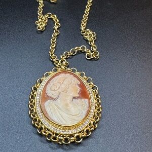 Amedeo Pave CZ Cameo Carved Large Pendant w/ Gold tone Chain